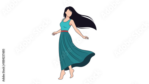 A young woman dancing freely in a flowing teal dress with long black hair