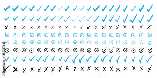 Green check mark and red cross icon set, circle and square. Tick symbol in green color. Hand drawn checkmark illustration