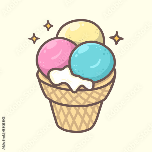 Three Scoop Ice Cream Cone Illustration for Icon, sticker and other uses, hand drawn vector style.