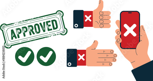 Various approval and rejection icons illustrate feedback mechanisms, digital communication.