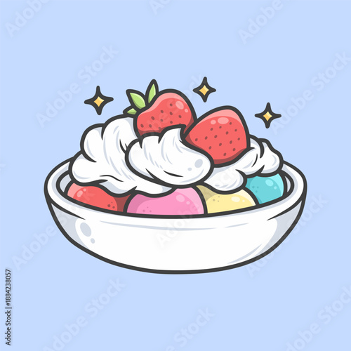 Ice Cream Sundae with Strawberries Illustration for Icon, sticker and other uses, hand drawn vector style.