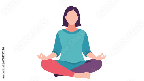 Woman meditating in lotus position with serene expression and vibrant clothing