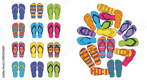 Collection of colorful flip-flops arranged in a grid and a circular pattern, representing summer footwear and beach accessories