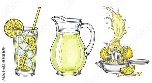 Refreshing Lemonade Illustration with Ice Cubes, Pitcher, and Juicer
