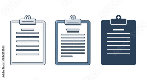 A set of three clipboards with documents on a white background