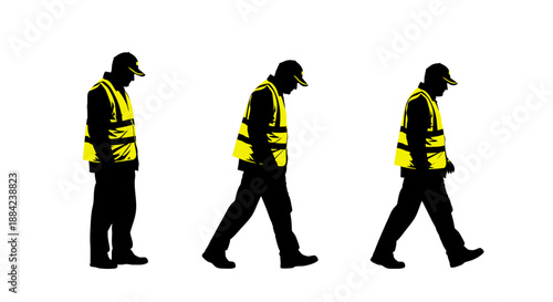 Silhouettes of three construction workers in safety vests walking in a line