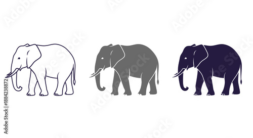Three stylized elephants in different outlines and color shades white, gray, and dark blue, showcasing a simple, modern design approach