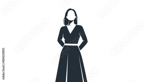 Illustration of a confident woman wearing a long dress with hands on hips