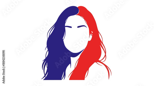 Illustration of a woman's face with dual colored hair, blue and red, showcasing artistic style and creativity
