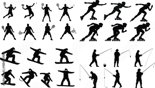 Sport activity silhouette set isolated on white background showing tennis skating snowboarding fishing action athletes illustration collection