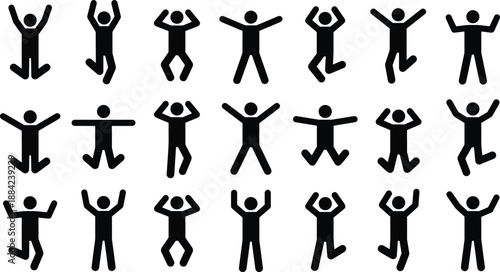 Stick figure people jumping poses collection, human pictogram icons set, active movement silhouettes, playful energy, minimal design, isolated on white
