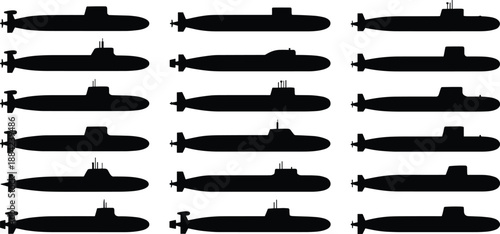 Submarine silhouette collection showing modern military underwater vessels, naval fleet icons, side view designs isolated on white background