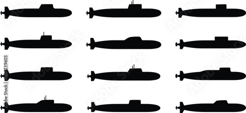 Submarine silhouette icon set showing military underwater vessels from side view, naval defense transport symbols isolated on white background