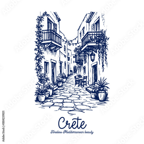 Hand drawn travel poster of a traditional Mediterranean street in Crete, Greece, featuring balconies, stone pavement, plants and cafe chairs. Minimal monochrome ink line art illustration in vintage to