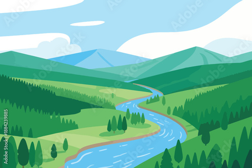 Winding river through lush valley with green hills, blue mountains, trees, and partly cloudy sky.