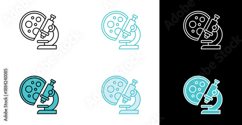 Laboratory microscope and cell sample icon for biology and microbiology studies in line and fill style