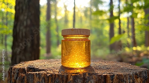 Golden Honey in a Clear Glass Jar Resting on a Weathered Forest Stump
