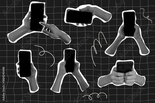 Phone in hand cut out halftone collage elements set. Pop art retro phone with empty screen sticker. Social media poster. App cover mockup. Smartphone blank display.