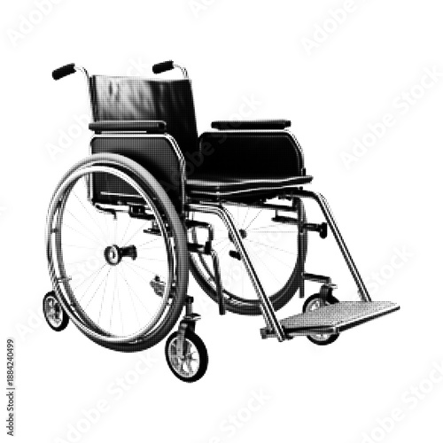 Monochrome halftone illustration of a wheelchair isolated on white, symbol of disability, mobility aid, accessibility, rehabilitation, and healthcare support equipment.