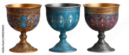 Three intricately designed decorative goblets showcasing vibrant colors and ornate patterns