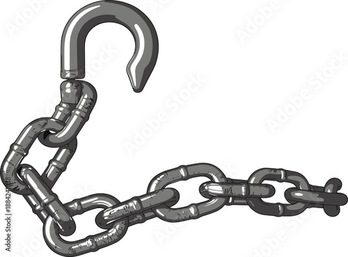 Heavy duty metal chain with steel hook, industrial towing and lifting equipment, vector illustration