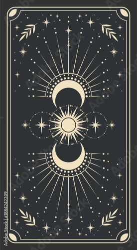 Esoteric mystical tarot card with astrology symbols. Vector illustration template, boho style