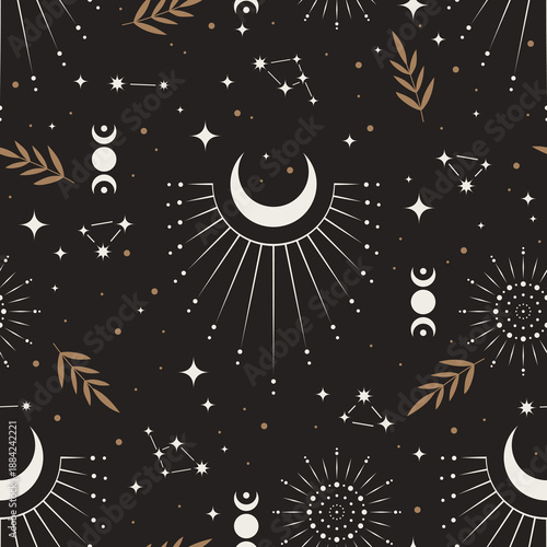 Vector seamless pattern with moon and stars. Mystical esoteric background for design of fabric, packaging, astrology, phone case, wrapping paper.