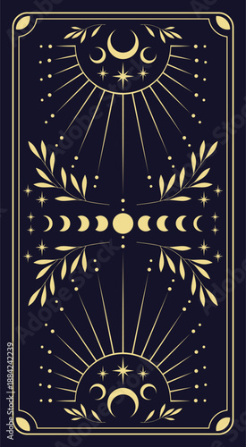 Esoteric mystical tarot card with astrology symbols. Vector illustration template, boho style
