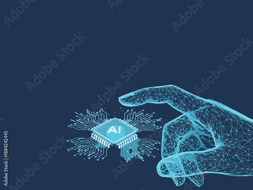 Future of Artificial Intelligence Technology - 3D Polygonal Human Hand Touching AI Microchip Vector Illustration for Machine Learning & Digital Innovation