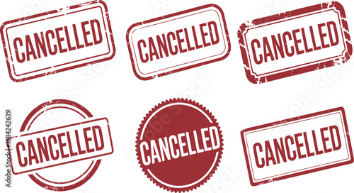 Multiple distressed red rubber stamps declare document status as officially cancelled.
