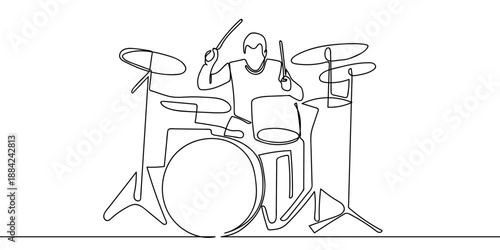 A continuous artistic line of a person playing a drum set. line art drawing style Editable stroke.