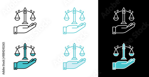 Scales of justice above hand icon for law protection and equality concept in line and fill style