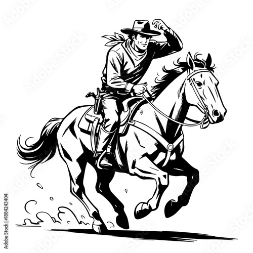 Comic Style Full Cowboy Bold Black Vector Illustration While Riding A Horse Dynamic Western Action