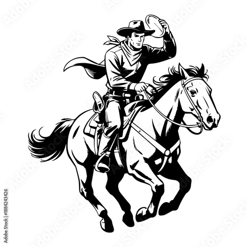 Comic Style Full Cowboy Bold Black Vector Illustration While Riding A Horse Dynamic Western Action
