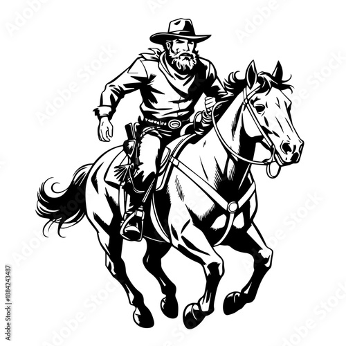 Comic Style Full Cowboy Bold Black Vector Illustration While Riding A Horse Dynamic Western Action