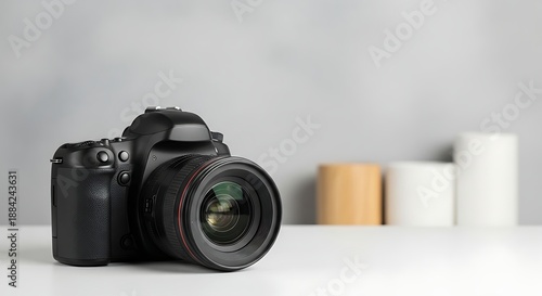 Black digital camera on white table with blurred background objects