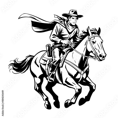 Comic Style Full Cowboy Bold Black Vector Illustration While Riding A Horse Dynamic Western Action