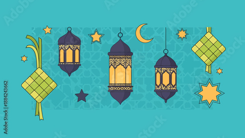 Ramadan Kareem and Eid Mubarak Background with Islamic Lanterns and Ketupat