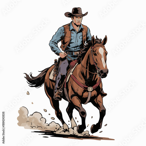 Comic Style Full Cowboy Colorful Vector Illustration While Riding A Horse Dynamic Western Action