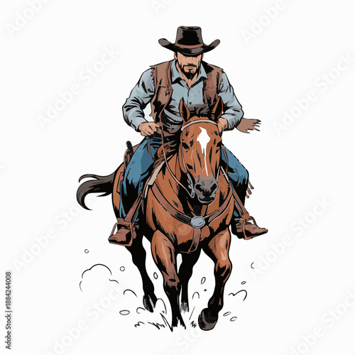 Comic Style Full Cowboy Colorful Vector Illustration While Riding A Horse Dynamic Western Action