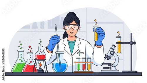 Female scientist in lab coat conducting experiment with colorful chemicals and test tubes