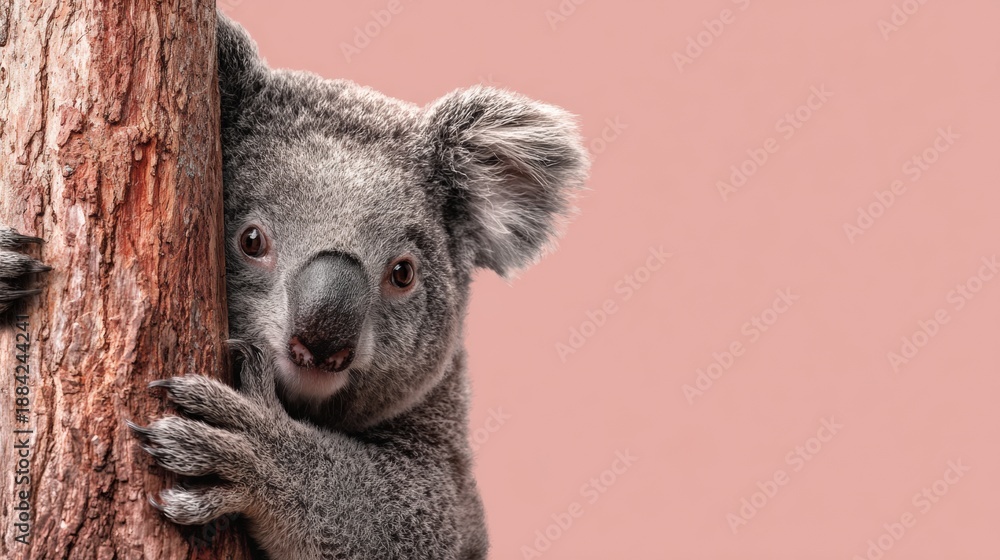 Fototapeta premium Koala Hugging Tree Trunk in an Educational Biodiversity Concept Image
