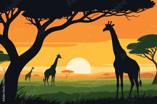 Silhouette of four giraffes in African savanna at sunset with acacia trees and warm gradient sky.
