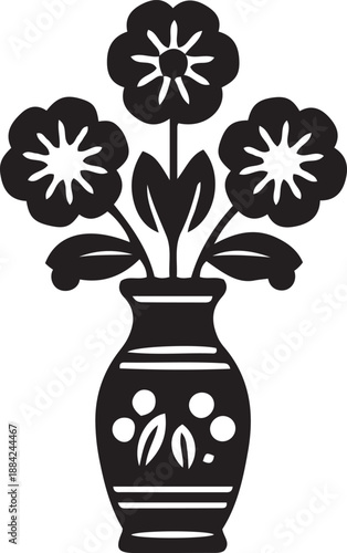 Black silhouette of flowers in a decorative vase black and white