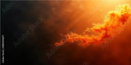Dramatic orange fire in the sky with smoke and dark clouds during a beautiful sunset creates an abstract storm of light and color across the summer cloudscape