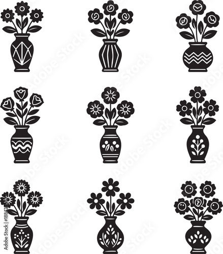 Nine black floral vase on white background flower bouquet
