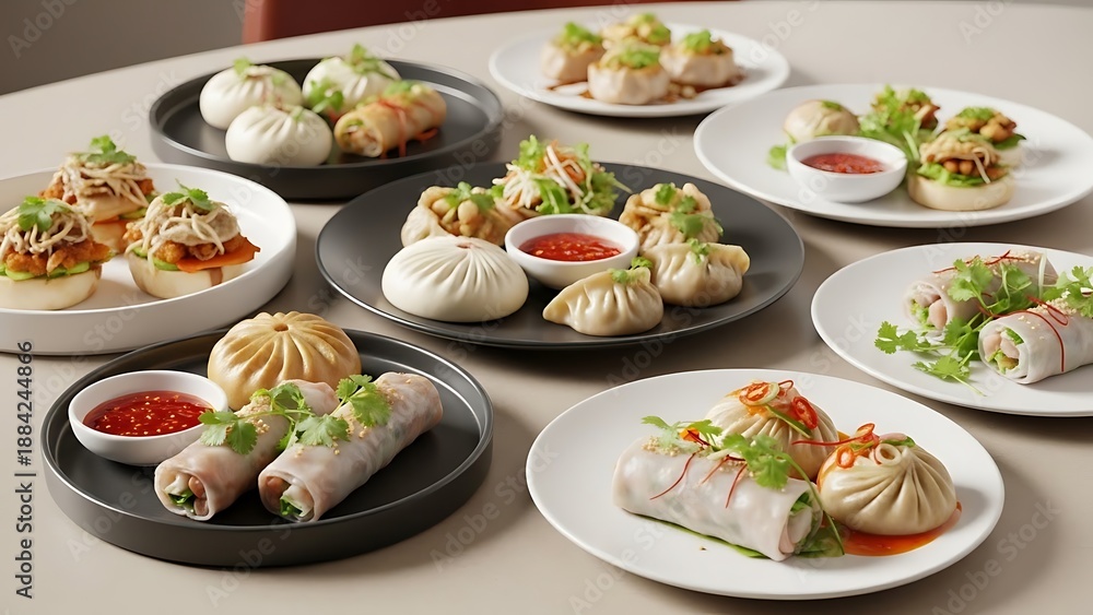 Fototapeta premium Assorted Asian dumplings and spring rolls on multiple plates with dipping sauce.