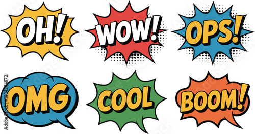 Comic book style speech bubbles with exclamations convey strong emotions and reactions.