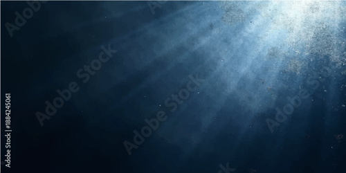 Deep blue underwater scene background featuring shimmering light rays piercing through a dark misty sea with a motion pattern of smoke and clouds
