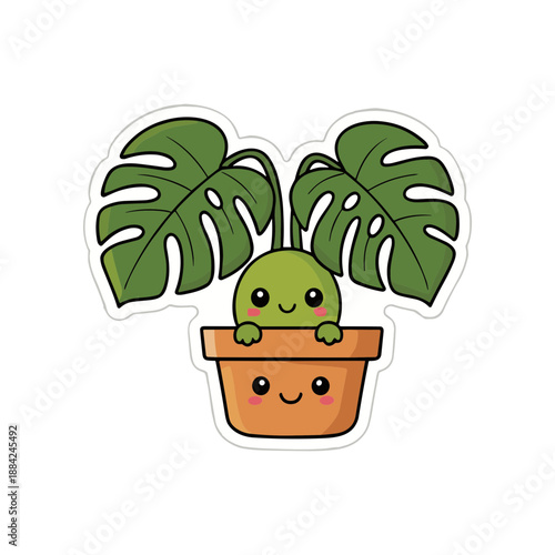 Cute Kawaii Monstera Plant in Terracotta Pot Adorable Cartoon Illustration.